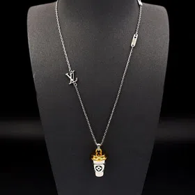 Louis Vuitton LV Letter Floral Enamel Inscription Miniature Coffee Cup Necklace-3915  
